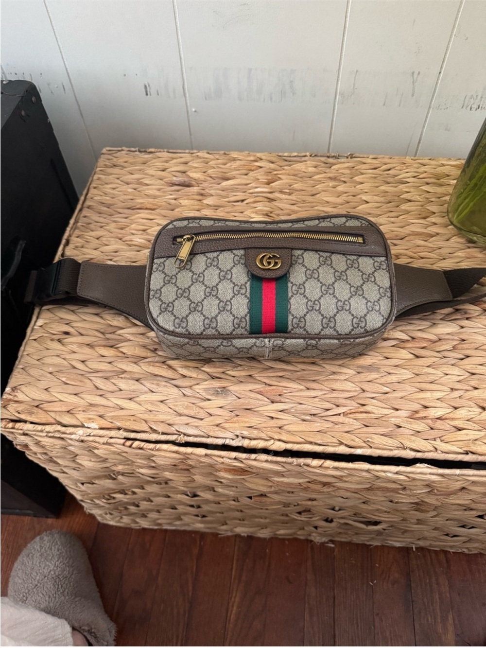 Gucci Beige GG Supreme Canvas crossbody Bag with Brown Trim and Green-Red Web